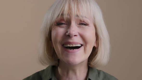 Portrait Smiling Caucasian Mature Greyhaired Funny Woman Laughing Indoors