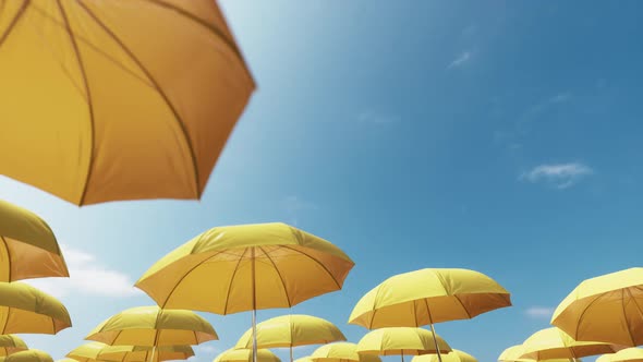 Yellow beach umbrellas on a background of blue sky