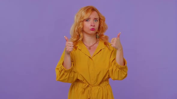 Redhead Stylish Girl in Yellow Dress Showing Thumbs Up and Nodding in Approval Successful Good Work