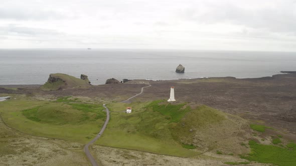 Aerial Panoramic Of Lighthouse In The Geothermal Field Of Gunnuhver, Reykjanes Peninsula, Iceland.