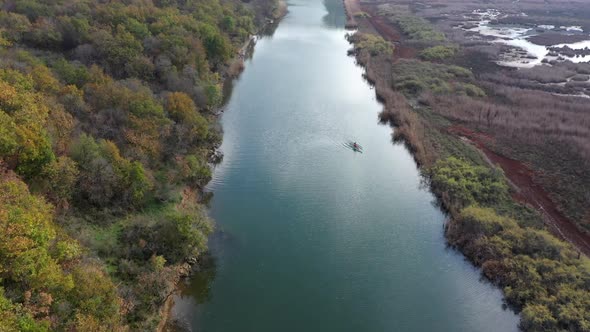 Drone flies over the river