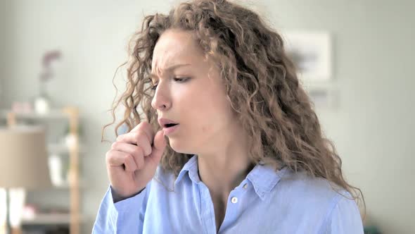 Cough Sick Curly Hair Woman Coughing at Work