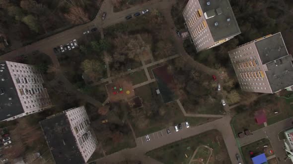 Flying Over the Yard of Apartment Blocks in Moscow