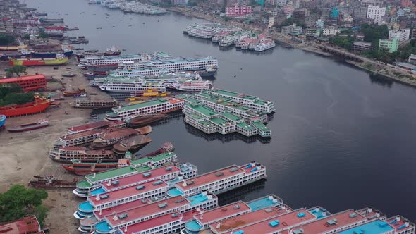 Aerial view of a busy wharf along Buriganga river, Bangladesh.