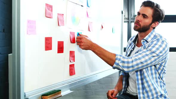 Man putting sticky notes on whiteboard