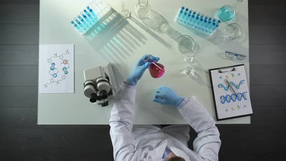 Laboratory Worker Neutralizes Purple Color of Liquid in Flask by Adding Reagent