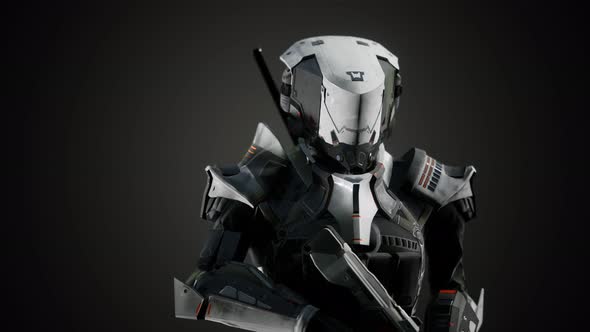 Futuristic Soldier in Steel Armor with the Cyber Punk Gun