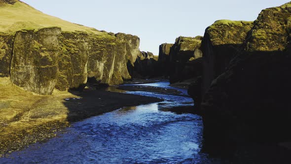 Drone Over Fjaoro River Through Fjaorargljufur Canyon