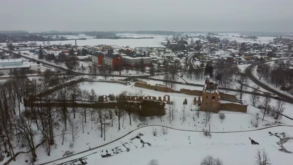 Ruins of Ancient Livonian Order's Stone Medieval Castle Latvia Aerial Drone Top Shot 