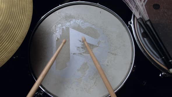 the Drummer Plays with Sticks on a Snare Drum Home Lesson Training