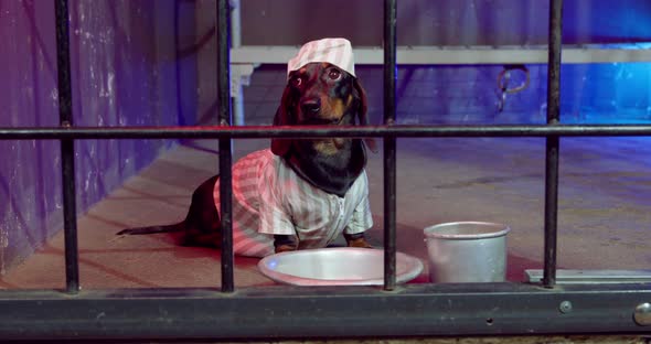 Upset Dachshund in Jail Uniform Looks Out of Prison Cell