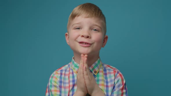 Preschool Pleading Boy Isolated on Blue Background