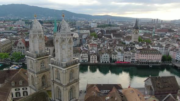 Drone passing Grossmunster church in Zurich, Switzerland