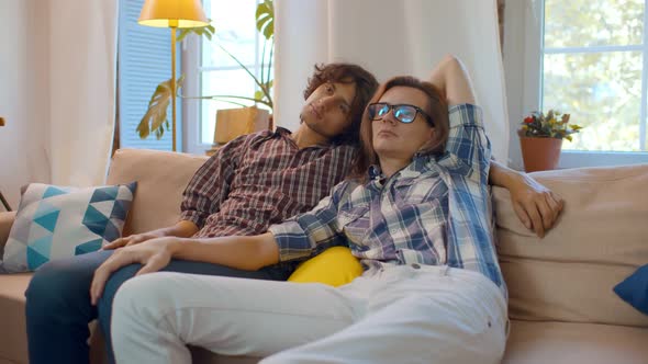 Sweet Male Couple Spend Time at Home Watching Tv on Couch