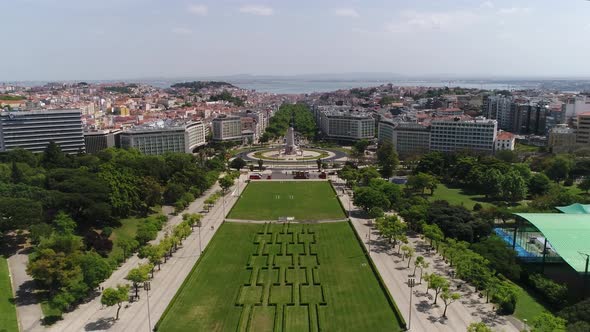 Fly Above Eduardo VII Park in Direction to Marquês de Pombal Roundabout. Lisboa, Portugal