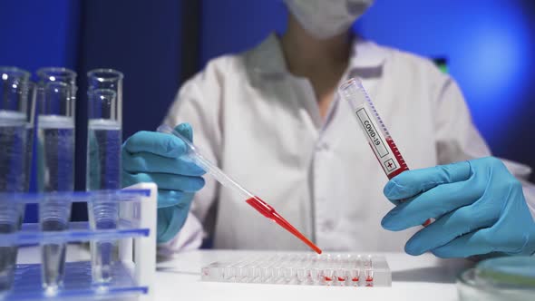 A Doctor in a White Coat and Mask Makes an Immunological Test for Coronavirus