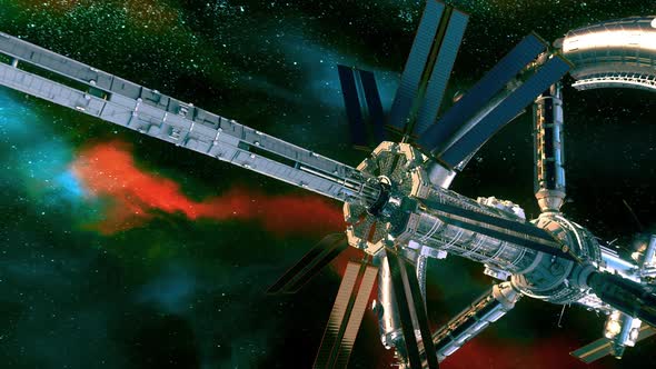 Flight Of A Futuristic Space Station To The Blue Planet