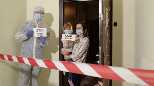 Sick Family of Mother and Daughter Opening Door for Doctor Coronavirus Quarantine Lockdown Concept