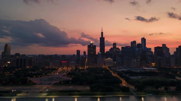 Drone Time Lapse of Downtown Chicago at Sunset