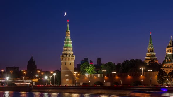 Moon Moving Over Moscow Kremlin Tower