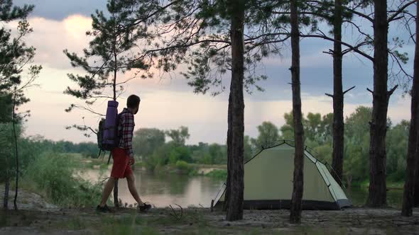 Single Camper Raising Arms, Enjoying Freedom, Nature Lover, Tourist Back View