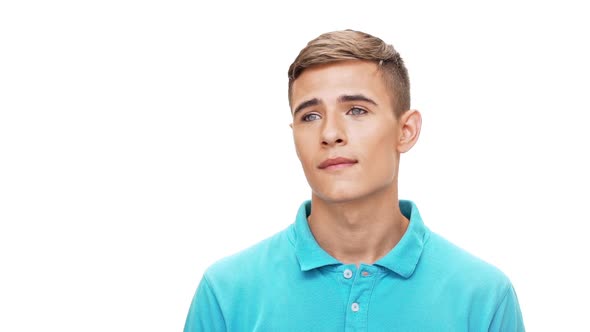 Young Handsome Man Dreaming Smiling Over White Background Slow Motion