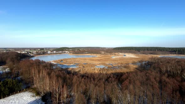 Closing in aerial shot of a frozen lake covered with some plants and cane with a curly river going t