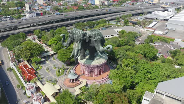 Aerial view of Erawan Museum is a Elephant head sculpture with 3 heads. Tourist attraction