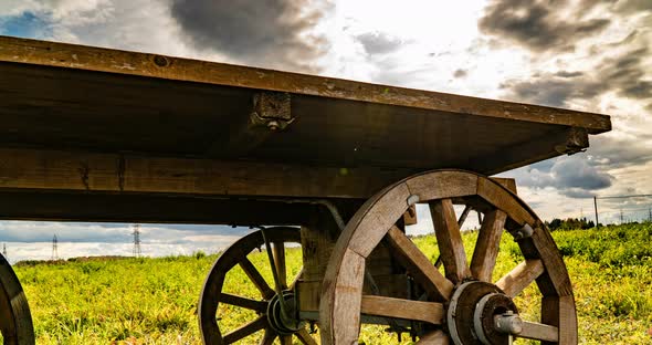 Antique Wooden Cart Standing Alone in a Field, Beautiful Autumn Landscape, Hyperlapse, Time Lapse