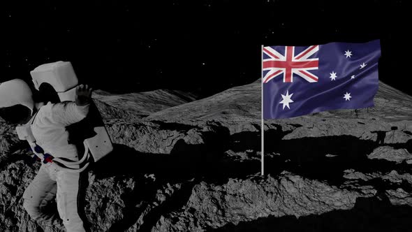 Australia Flag on Moons Surface With Floating Astronaut