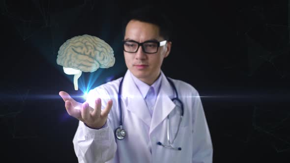 Asian Doctor In Hand Holding Brain