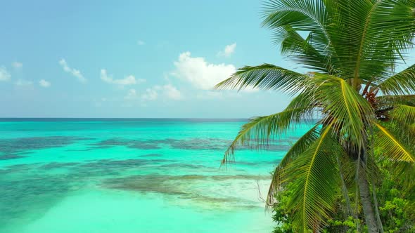 Aerial drone view nature of idyllic coastline beach voyage by blue sea and white sand background of 