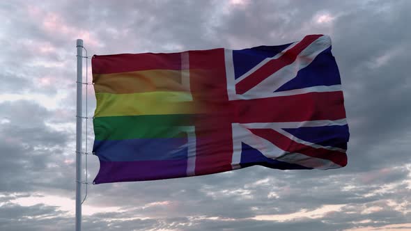 Waving Flag United Kingdom of Great Britain and LGBT Rainbow Flag Background