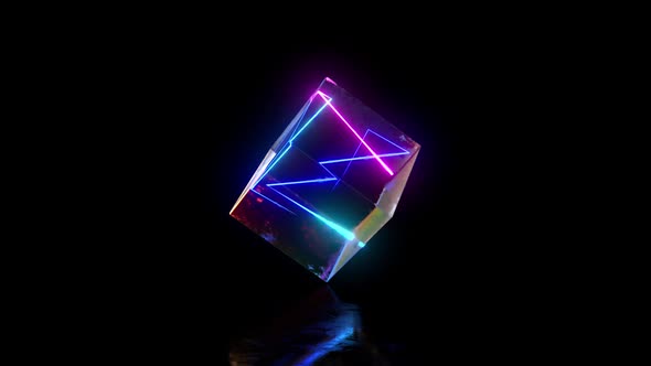Abstract Spinning Glass Cube with Lightnings Inside