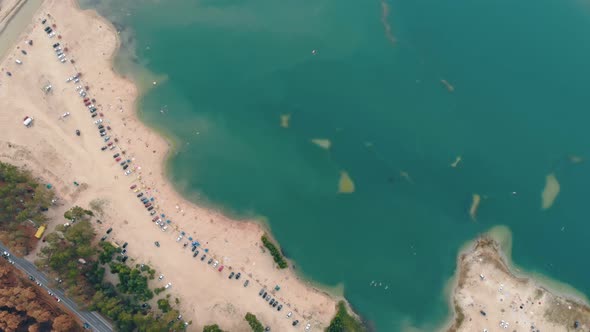 A Bird's Eye View Shows a Beautiful Clean Beach with White Sand and Turquoise Waters in the Sea