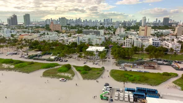 Aerial approach Hotels Miami Beach Ocean Drive 4k 60fps