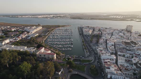 Ayamonte harbor and village, Andalusia in Spain. Aerial backward