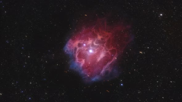 Spaceship Flies Around the Orion Nebula in Space