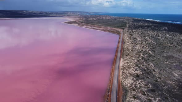 Aerial View Flying Forward to the South of the Pink Water of Hutt Lagoon