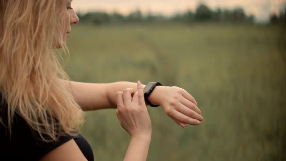 Heart Rate Smart Watch. Runner Checking Pulse On Smartwatch On Recreation Running Workout. Fit Woman