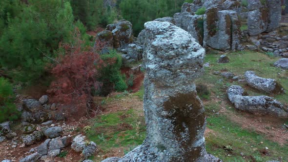 Top View of Unique Rock Formations in Coniferous Forest