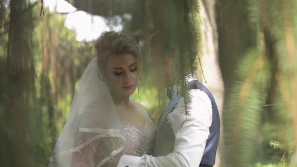 Newlyweds. Caucasian Groom with Bride in the Park. Wedding Couple. Happy Family