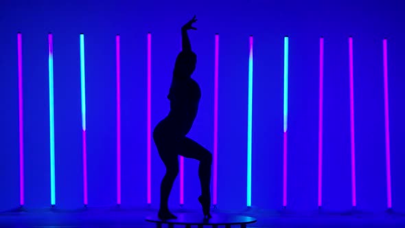 Silhouette of a Woman Dancing Modern Choreography in the Studio Against a Background of Neon Tubes