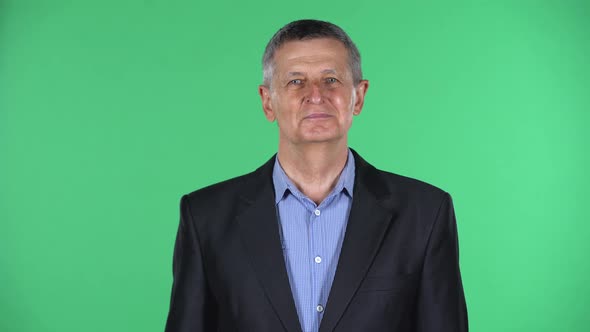 Portrait of Aged Man Looking Straight and Smiling Isolated Over Green Background.