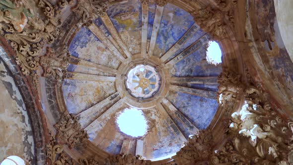 Rotating View of Ceiling Ruins of a Destroyed Church in the Ancient Village of Belchite