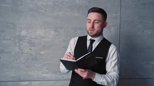 Young Business Man Caucasian Nationality with Beard Middle Aged Classic Clothes White Shirt Black