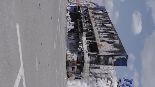 Vertical Video of Bucha Ukraine  a Destroyed Shopping Center During the War