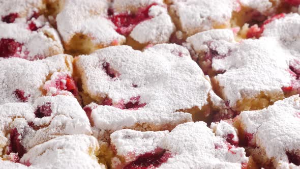 Cherry cake sliced on pieces close-up 4K 3840X2160 UHD slow panning  video - Pieces on tasty cherry 