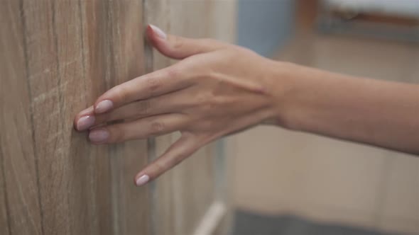 Woman Hand Open Drawer Bathroom New Furniture Close Up