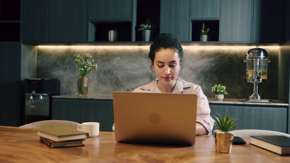 Young Caucasian Business Woman Using Typing on Laptop Notebook Keyboard Sit at Homeoffice